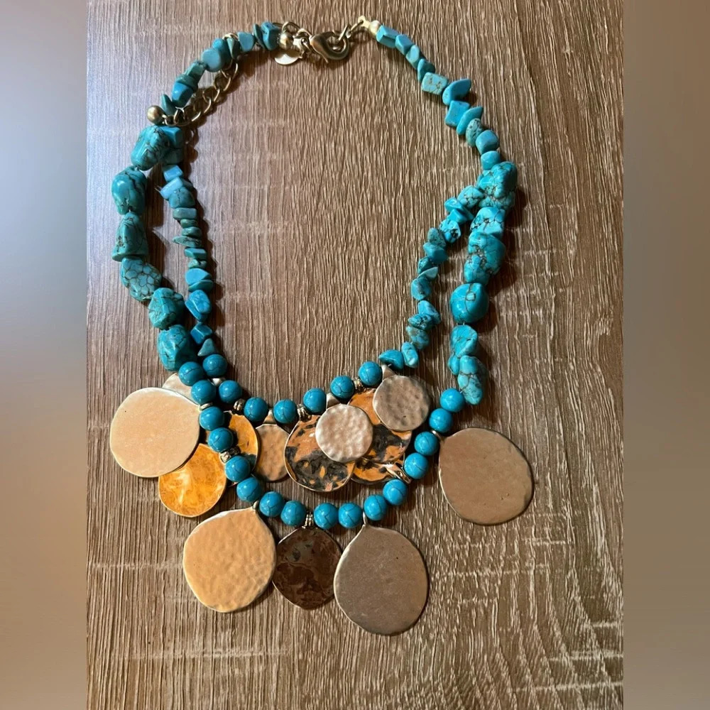 Chicos teal gold disc medallion necklace statement - Picture 1 of 1